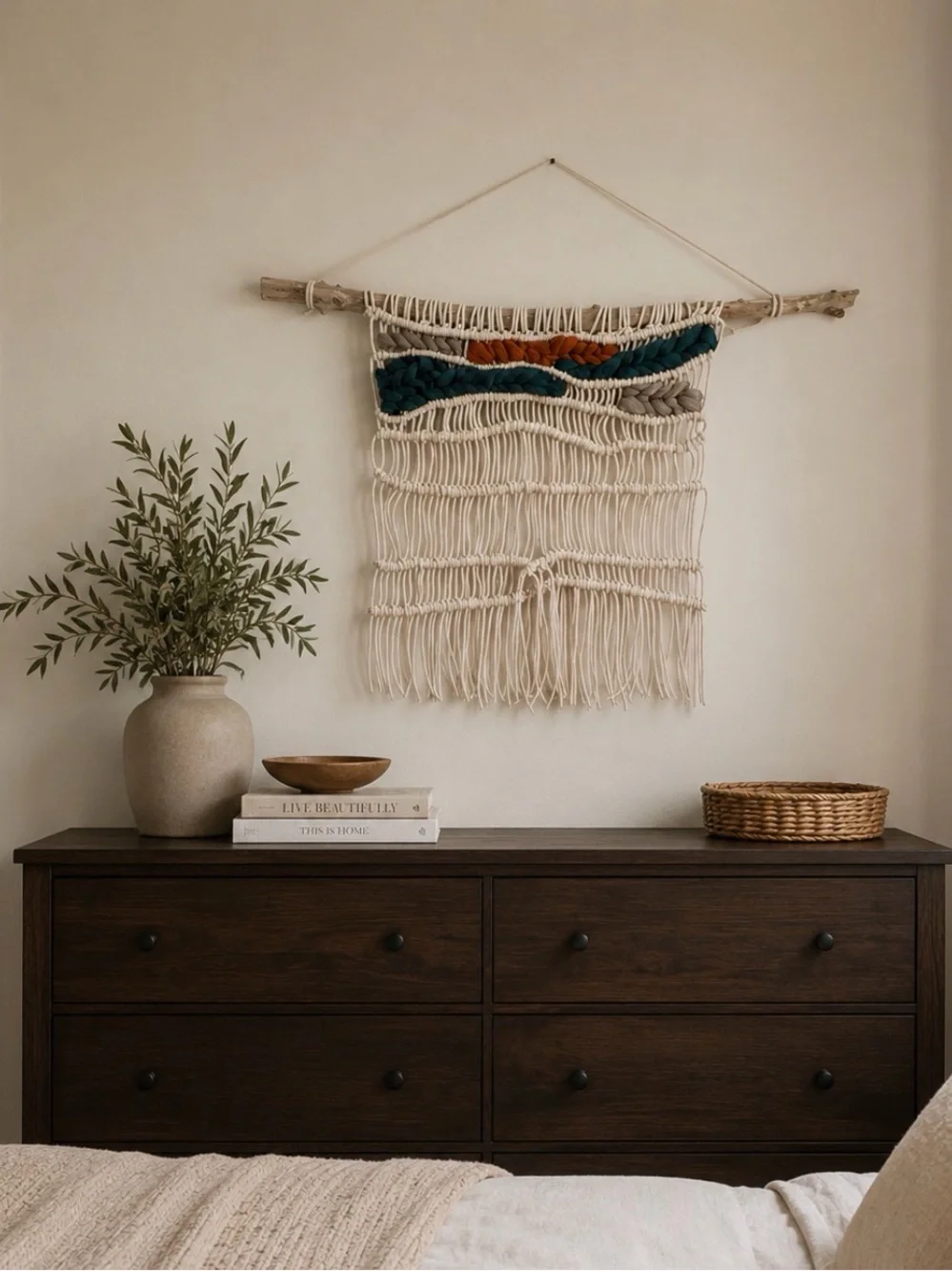 Handwoven Cream Macramé Wall Tapestry with Blue and Rust Accents